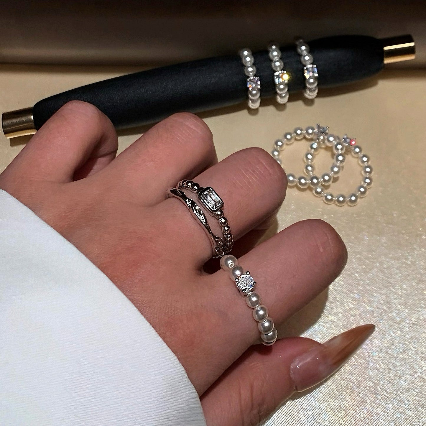 Square Rhinestone Swarovski Pearl Stretch Ring