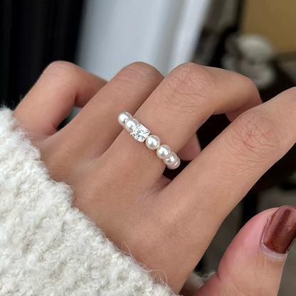 Square Rhinestone Swarovski Pearl Stretch Ring