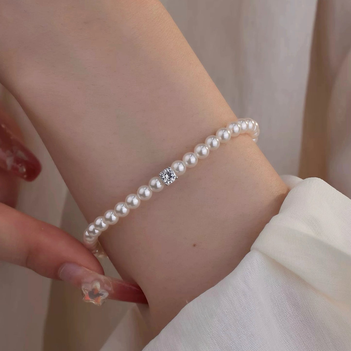 Square Rhinestone Swarovski Pearl Stretch Bracelet