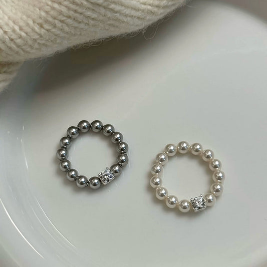 Square Rhinestone Swarovski Pearl Stretch Ring