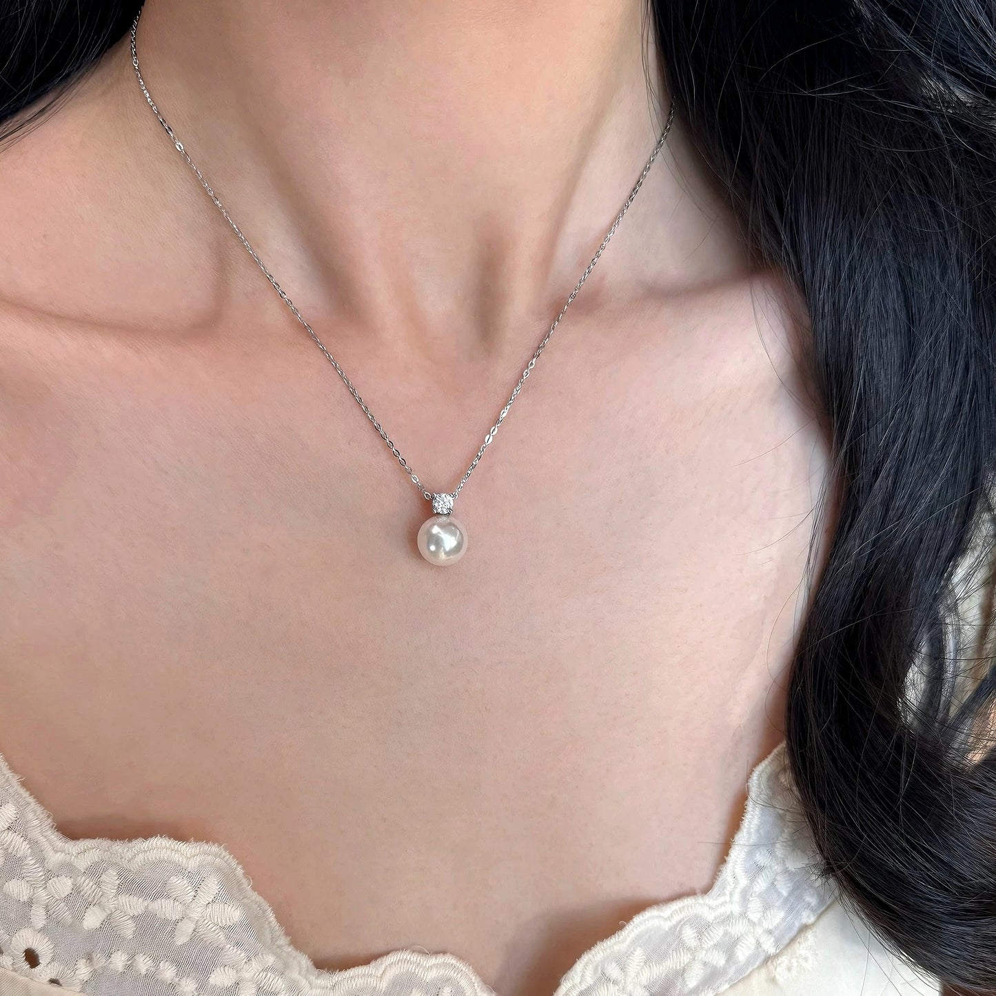 Princess Diana Pearl Pendant Sterling Silver Necklace and Stud Earrings