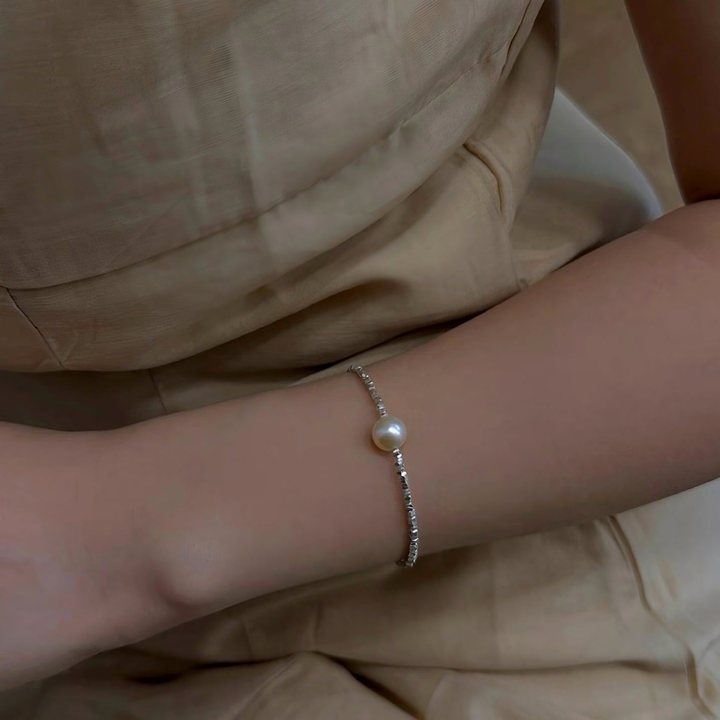 Sterling Silver Beaded Bracelet With Swarovski Pearl