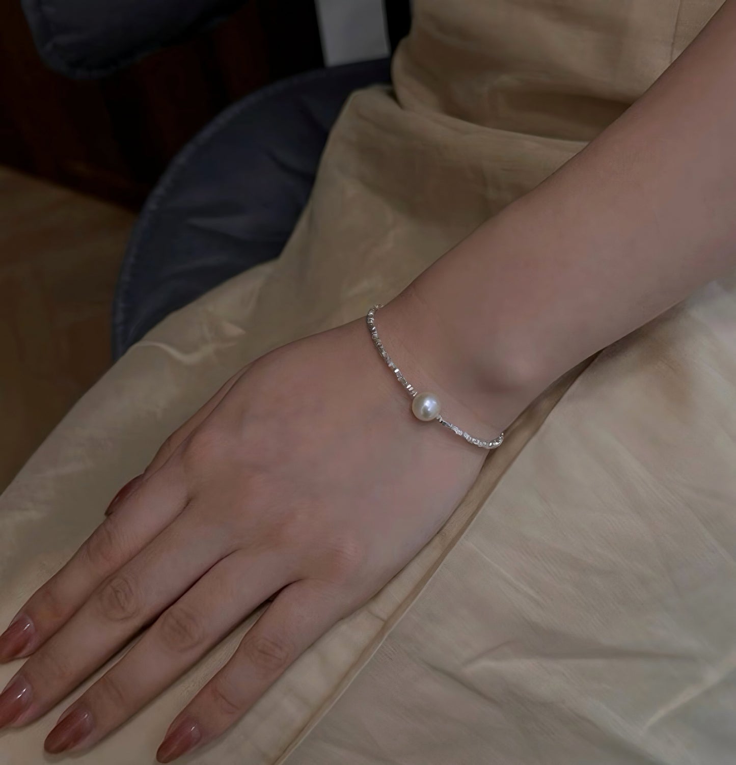 Sterling Silver Beaded Bracelet With Swarovski Pearl