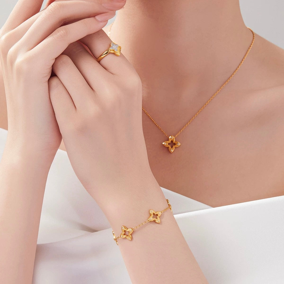 Hollow Clover Brushed Gold Necklace