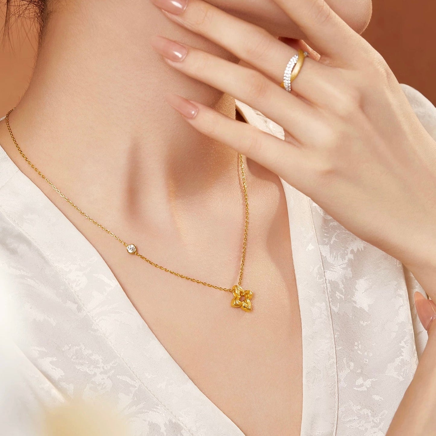 Hollow Clover Brushed Gold Necklace
